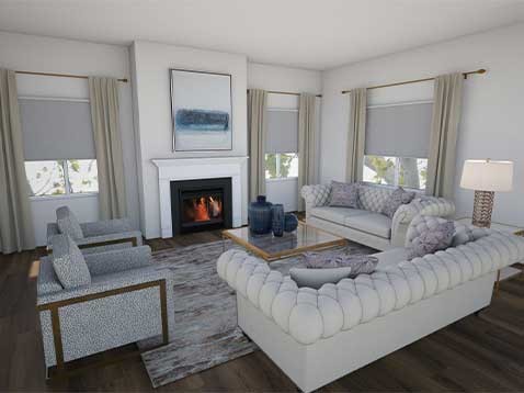 Bright living room full of white and grey furniture